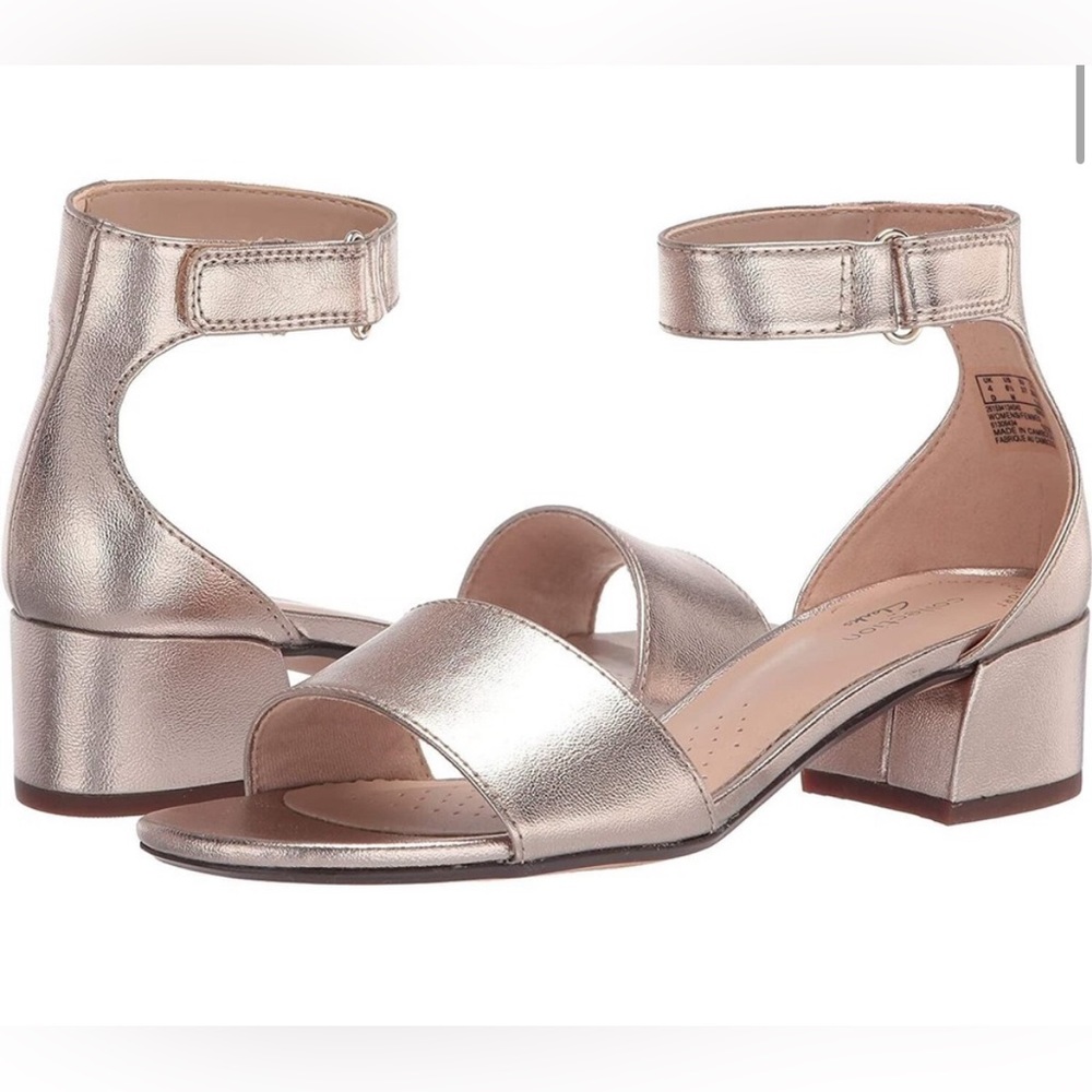 Clarks Metallic Rose Gold Ankle Strap Block Heel Sandals